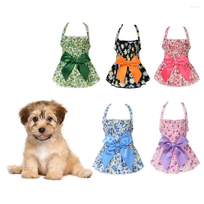 Dog Apparel Pet Halter Dress Comfortable Soft Eye-catching Cotton Summer Flower Print Bowknot Princess Costume