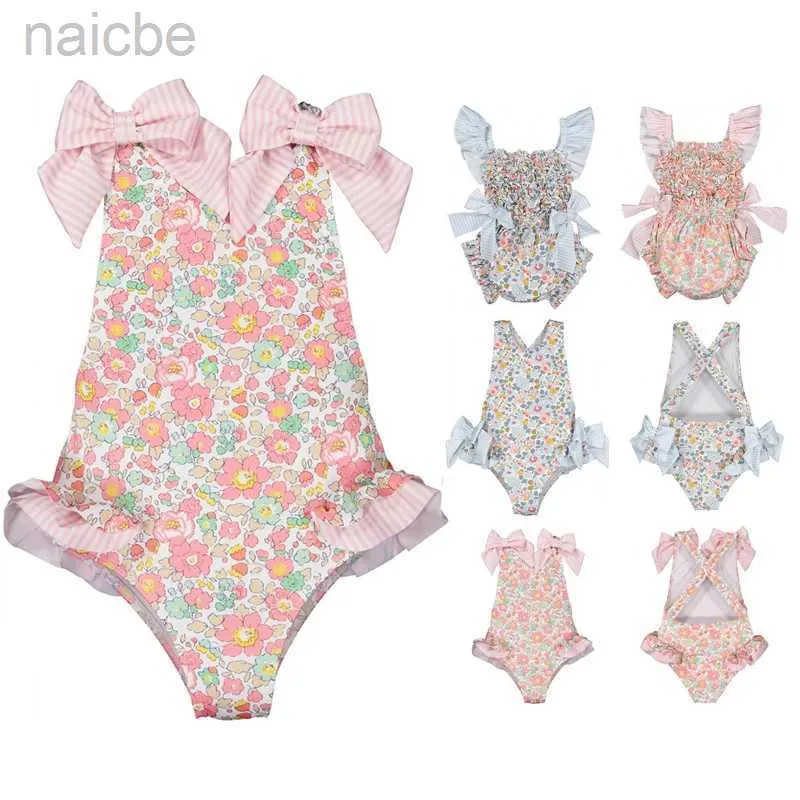 Jednoczęściowy strój kąpielowy Baby Girl 23 Summer New Girls Swimsuit Baby One Piece Swimsuit Blue Pink Print Cute Beach Swimsuit 24327
