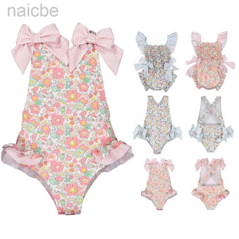 Une pièce bébé fille maillot de bain 23 été nouvelles filles maillot de bain bébé une pièce maillot de bain bleu rose imprimé mignon plage maillot de bain 24327