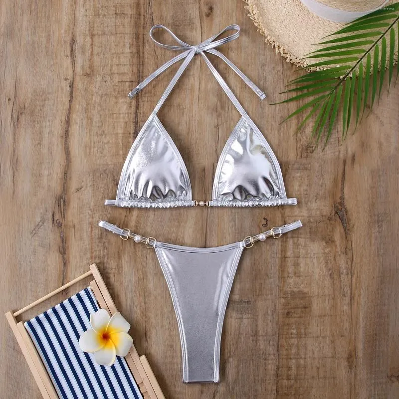 Kvinnors badkläder sliver röd triangel bikini set 2 stycken kvinnor baddräkt push up bathing kostymer sexig mikro bikinis tjej strandkläder