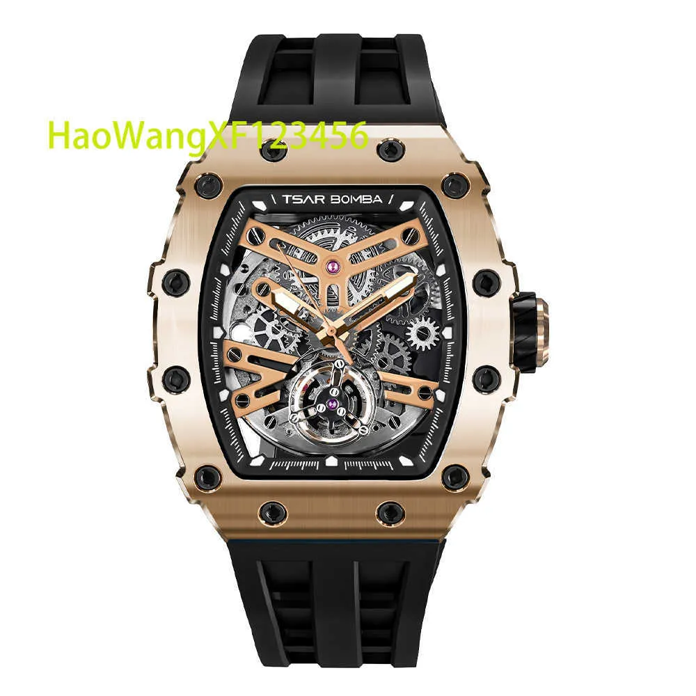 Tsar Bomba Luxury Mens Automatic Watch Rectangle Clock Sapphire Tonneau Wristwatch Fashion Skeleton Mekaniska klockor för män