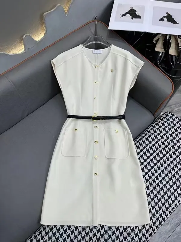 2024 Spring Black/White Sleeveless O Neck Buttons Belt Women Dress Designer High End Womens Runway Dress Vestidos De Festa 3276