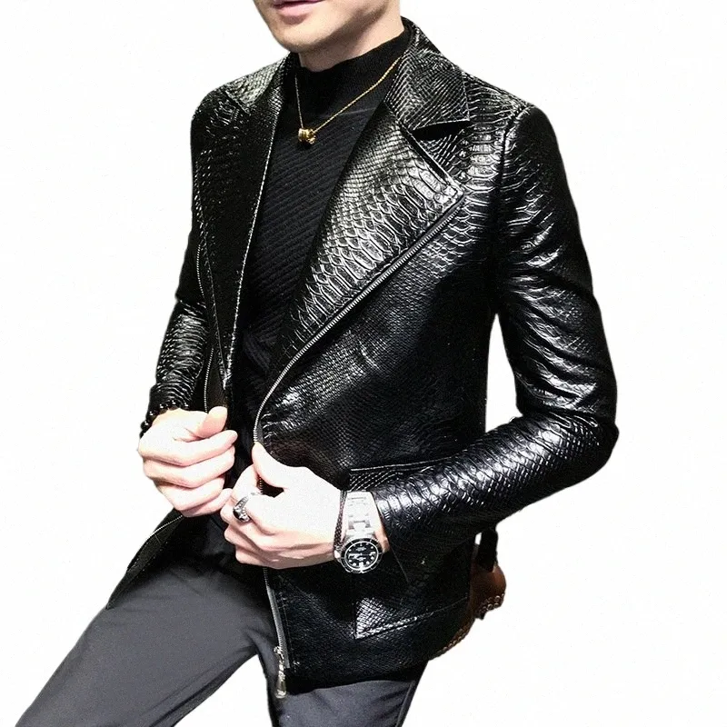 casual Snake Leather Jacket Coat Men Autumn Winter Black PU Leather Slim Fit Jackets Outwear Men Motorcycle Vintage Coat 29C2#