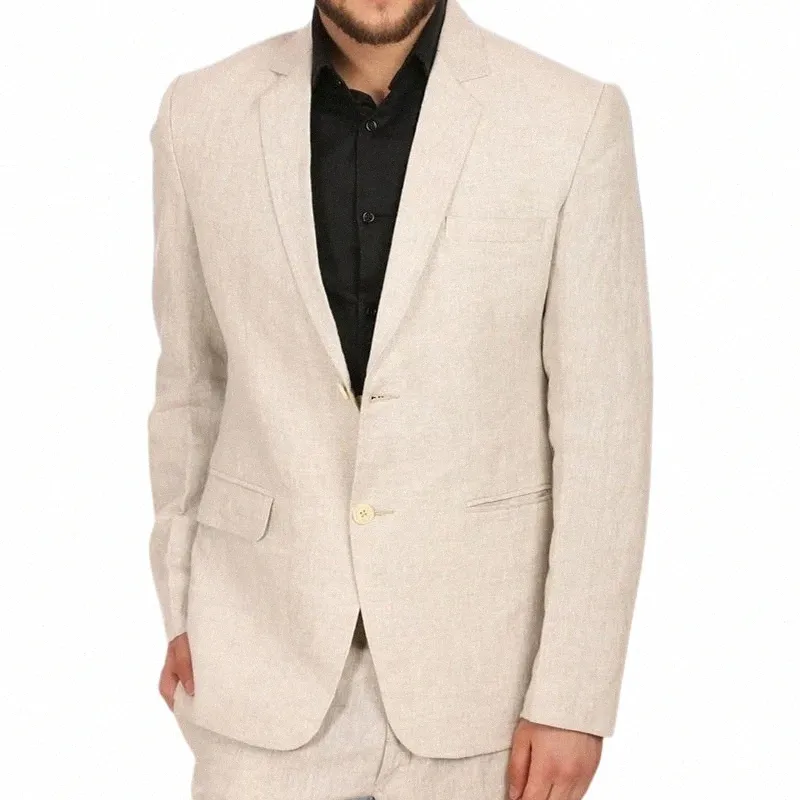 Tuxedo de mariage de plage 2 pièces Costume d'été pour hommes pour la plage Beige Lin Mâle Fi Set Veste avec pantalon 2024 Prêt à expédier B97n #