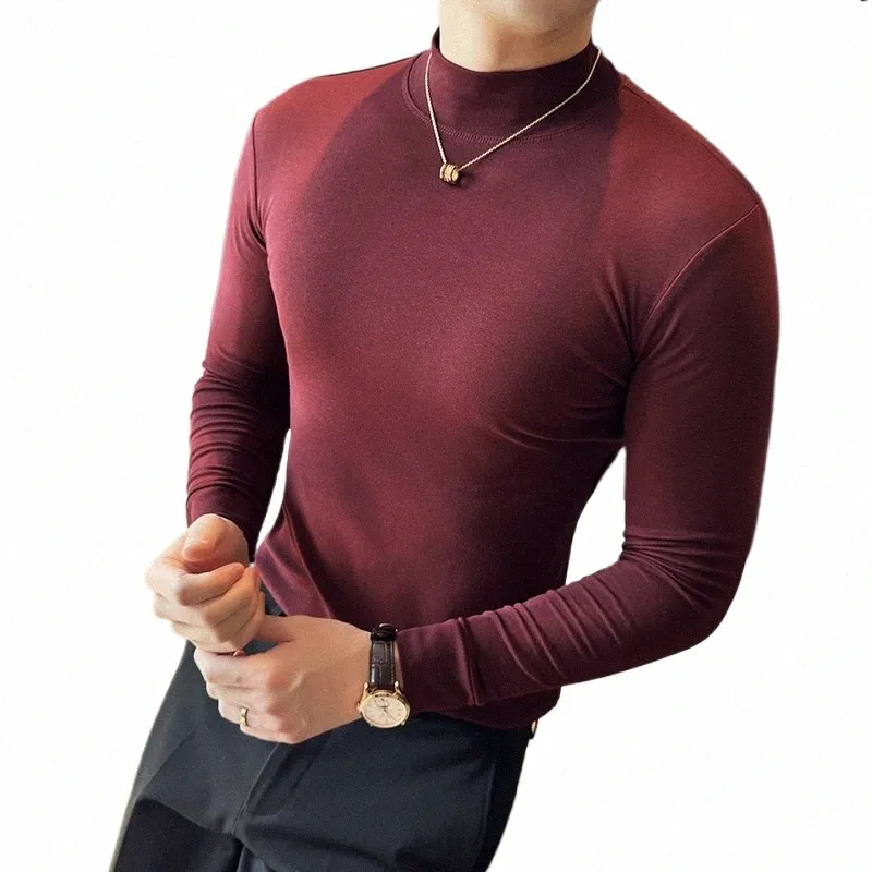 Ropa Hombre T-shirt Für Männer Koreanische Luxus Kleidung Hohe Elastische Rollkragen Slim Fit LG Hülse männer T-Shirts Casual topsTees z0Dx #