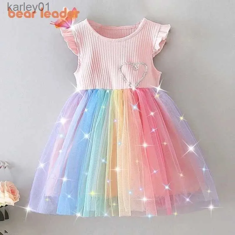 Girl's Dresses Bear Leader Flying Sleeve Girls Colorful Dress Summer Kids Rainbow Mesh Party Dresses Children Clothing Vestidos Outfits yq240327