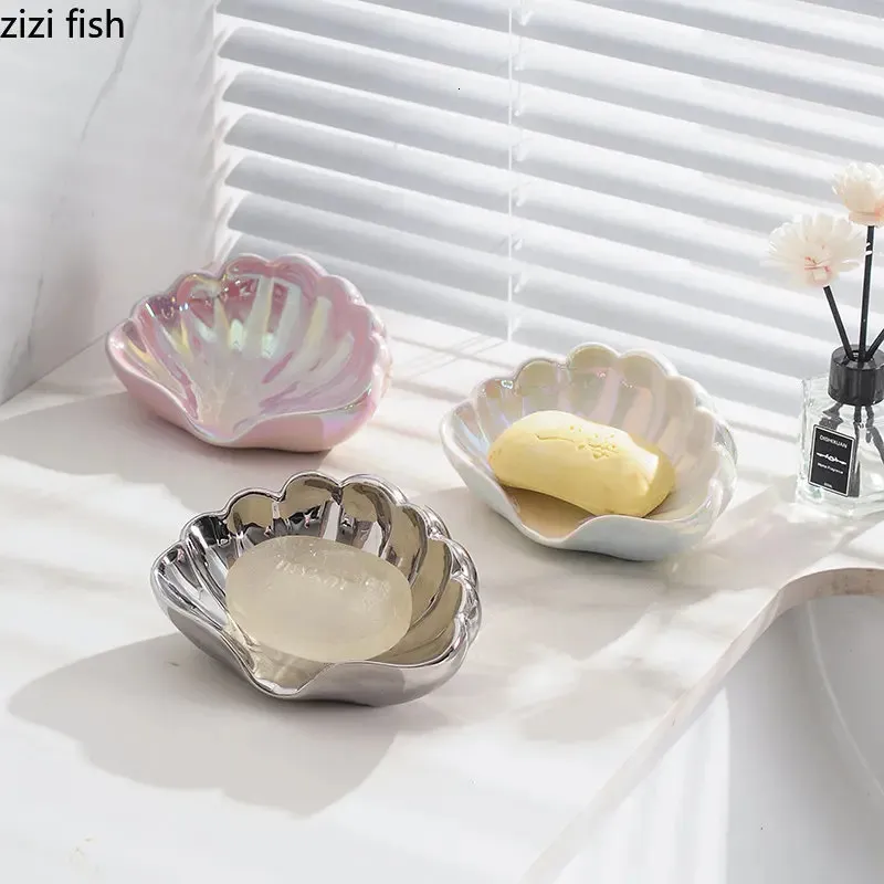 Shell Ceramic Soap Dish Bathroom Accessories Shelf Soap Holder Soap Box Drain Rack Storage Box Jewelry Tray Soap Tray Soap Stand 240313