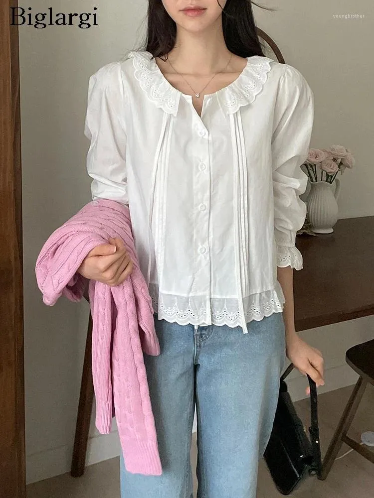 Camicette da donna Camicie primaverili Top da donna dolce manica lunga stile coreano pieghe larghe da donna ritagliata moda donna in cotone