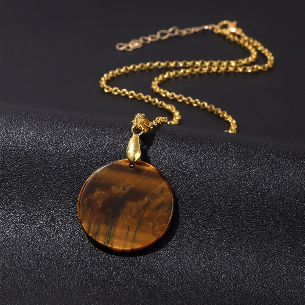 Round Slice Stone Necklace for Women Natural Tiger Eye Stone Lapis Lazuli Pendent Gold Choker Chain Necklace Men Jewelry Party Gift