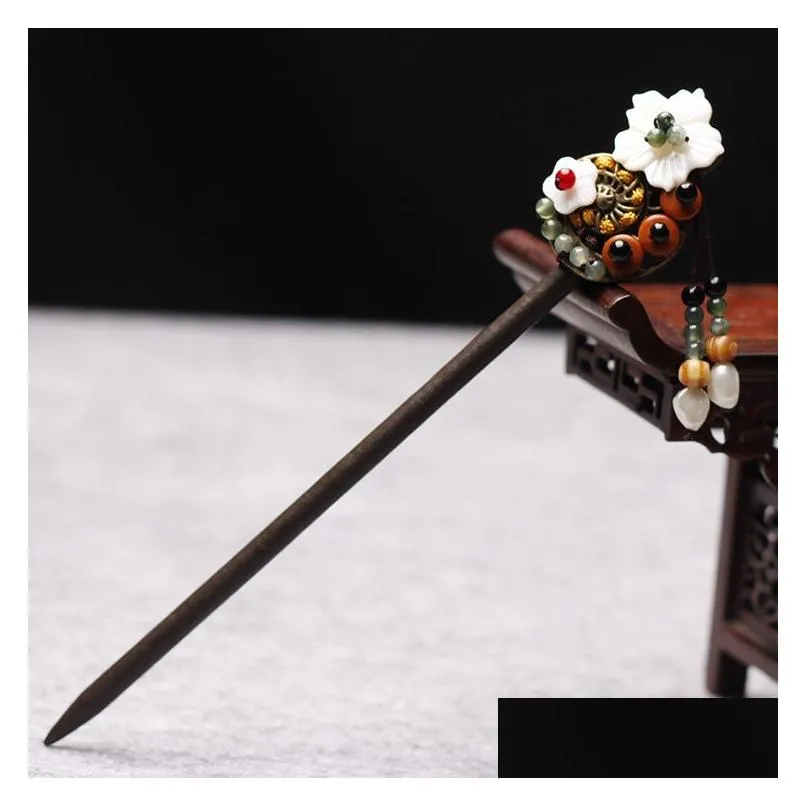 Hairpins Ancient Costume Hair Sticks Vintage Jewelry Step Shake Traditional Chinese Clothing Accessories Wooden Head Ornaments Drop De Otvjs