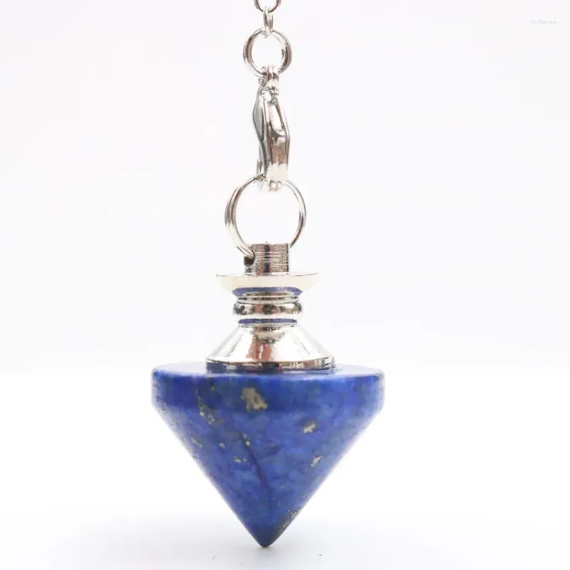 Naszyjniki wiszące srebrne lapis lazuli stożkowe wahadło z metalowym łańcuchem kulowym kryształowy geometryczny biżuteria