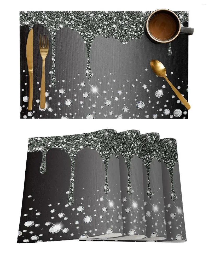 Table Mats Black Shiny Diamond Droplet Texture Kitchen Dining Decor Accessories 4/6pcs Placemat Heat Resistant Tableware Pads