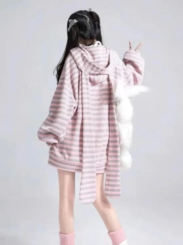 HOUZHOU Y2k Harajuku Kawaii tricoté Cardigan mode japonaise mignon doux rayure lapin oreille lâche fermeture éclair manteau doux fille 2023 hauts 240311