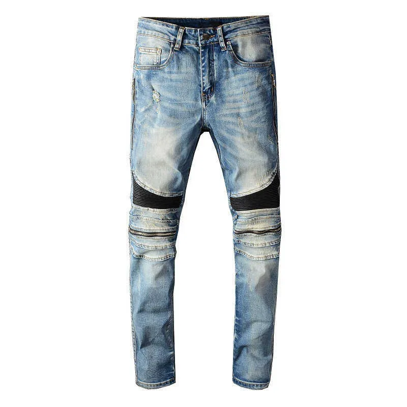 GATTREND KNEA FACK BLÅ SPELT VIT LÄDER DULTALS JEANS ELASTISK SLIM FIT SYTCHED MOTORCYCLE PANTS