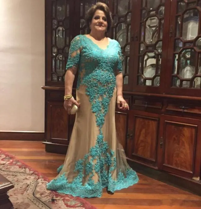 Robes mère de la mariée turquoise et champagne en dentelle et cristal, col en V, sur mesure, robe de mère de marié, grande taille, tenue de soirée, bon marché9409287