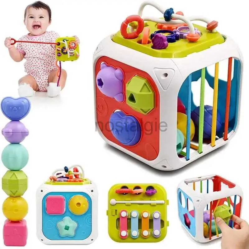 Intelligens leksaker montessori sensoriska leksaker baby aktivitet kub form sorterare dra sträng fina motoriska träningsspel stapling block 24327