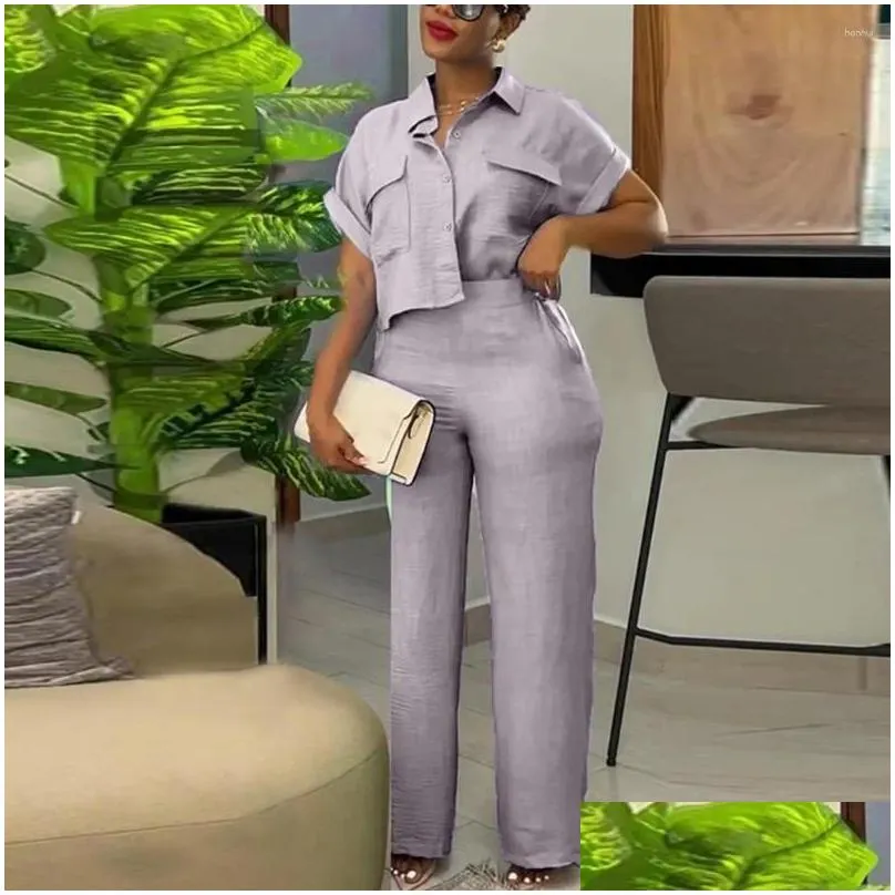 Pantalones de dos piezas para mujer Traje de viaje para mujer Conjunto de camisa elegante con cuello vuelto Mangas cortas Cintura elástica alta Colo sólido Otjne