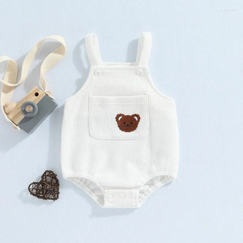 Rompertjes Geboren Neutrale Baby Jongen Meisje Outfit Mouwloze Wafel Romper Beer Patroon Jumpsuit Met Zak Lente Kleding