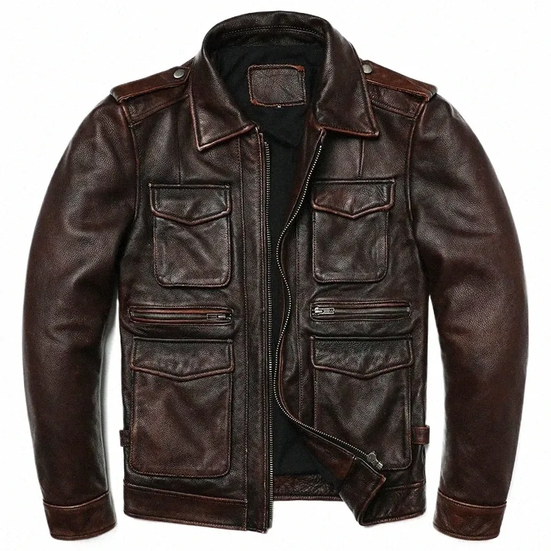 Neue M65 Brown Vintage Style Echte Lederjacke Männer natürlicher Kuhlattenfisch Fi Slim Coat Jacken Mann 63RH#