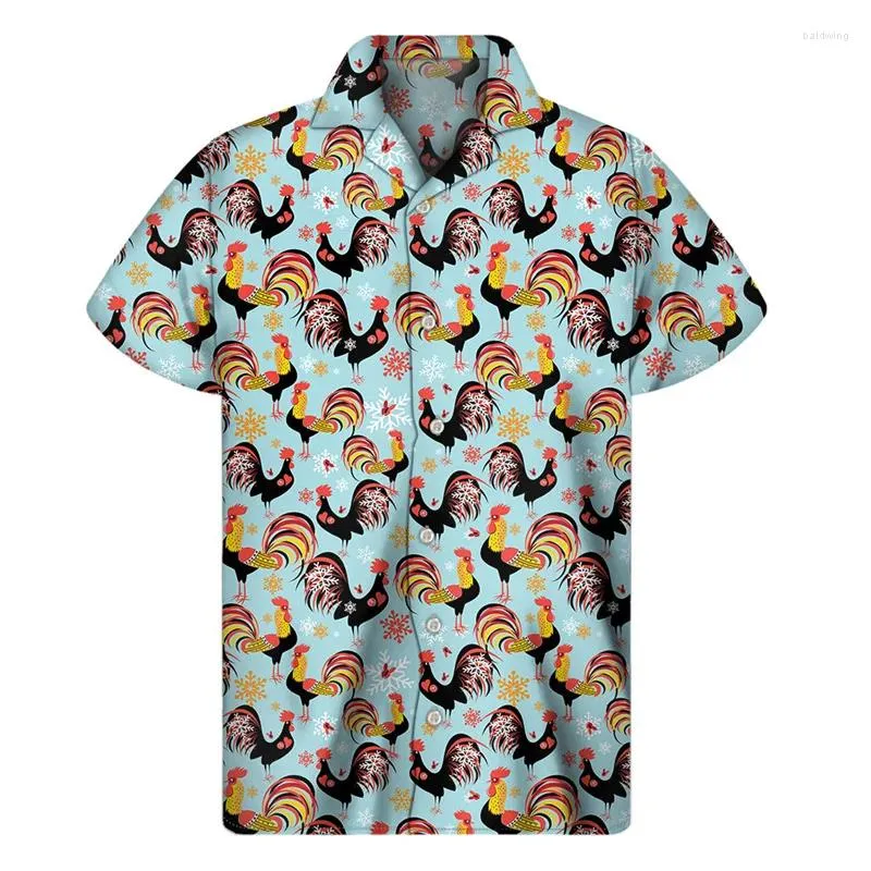 Men's Casual Shirts Cartoon Rooster Graphic Shirt Men 3D Print Animal Hawaiian Summer Button Short Sleeve Tops Street Lapel Aloha Blouse