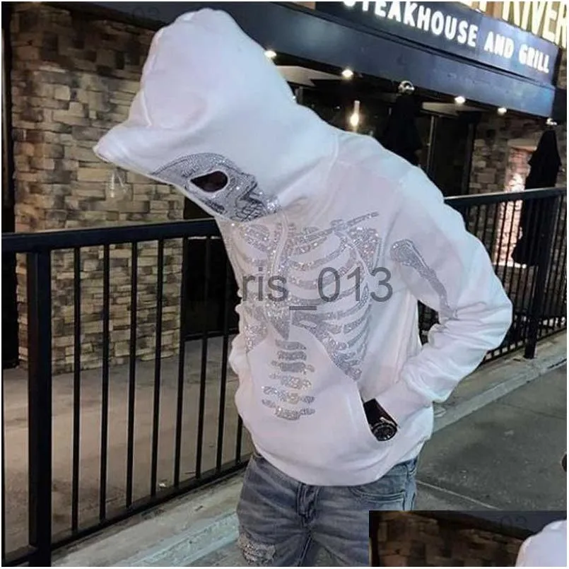 Mens Hoodies Moletons Moda Esqueleto Strass Branco Zip Up Hoodie Homens Mulheres Y2K Roupas Manga Longa Hip Hop Drop Delivery App Ot0Qi