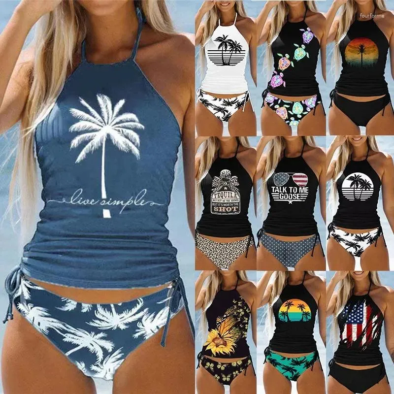 Kvinnors badkläder baddräkt kokosnöt dragning sidhalter hals tankini set sommar strand slitage söta kvinnor baddräkt sexig bikini