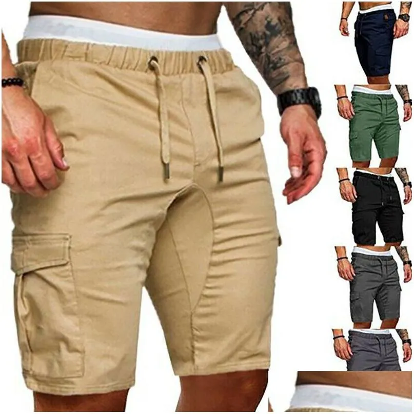 Shorts pour hommes Hommes d'été Casual Couleur unie Poche Gym Sport Courir Entraînement Cargo Jogger Pantalon Noir Bleu Marine Drop Livraison Appa Dhxca