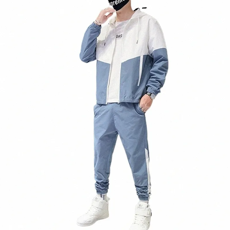 Casual Patchwork Tracksuit For Men Fi Spring Autumn Hooded Zipper Jackets and Sweatpants Two Pieces Pass Male Sportswear H0on#