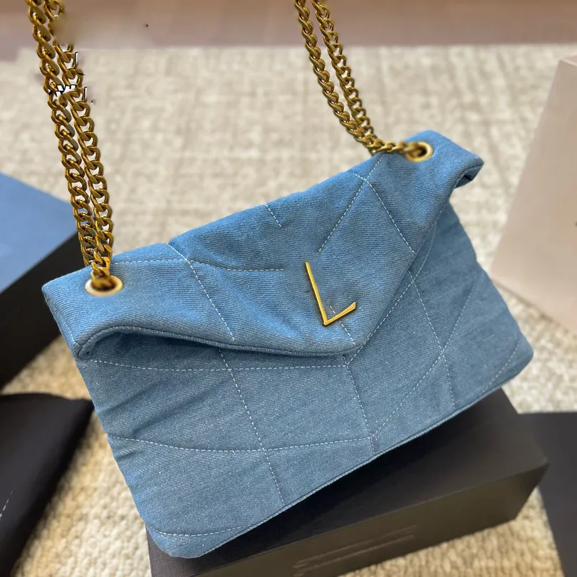 Sacs à bandoulière en denim bleu délavé pour femmes, sacs à main avec chaîne en métal doré, grande capacité, sac à cosmétiques d'extérieur, sac à main 28x17cm