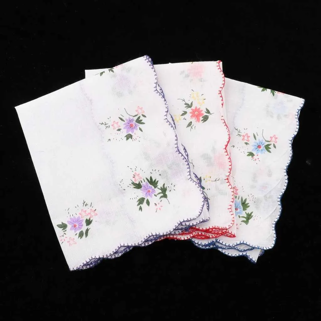 3 Pack Flower Embroidered Handkerchief Women Cotton Square Pocket Hanky Girls Cute Wavy Edge Kerchiefs Hankie