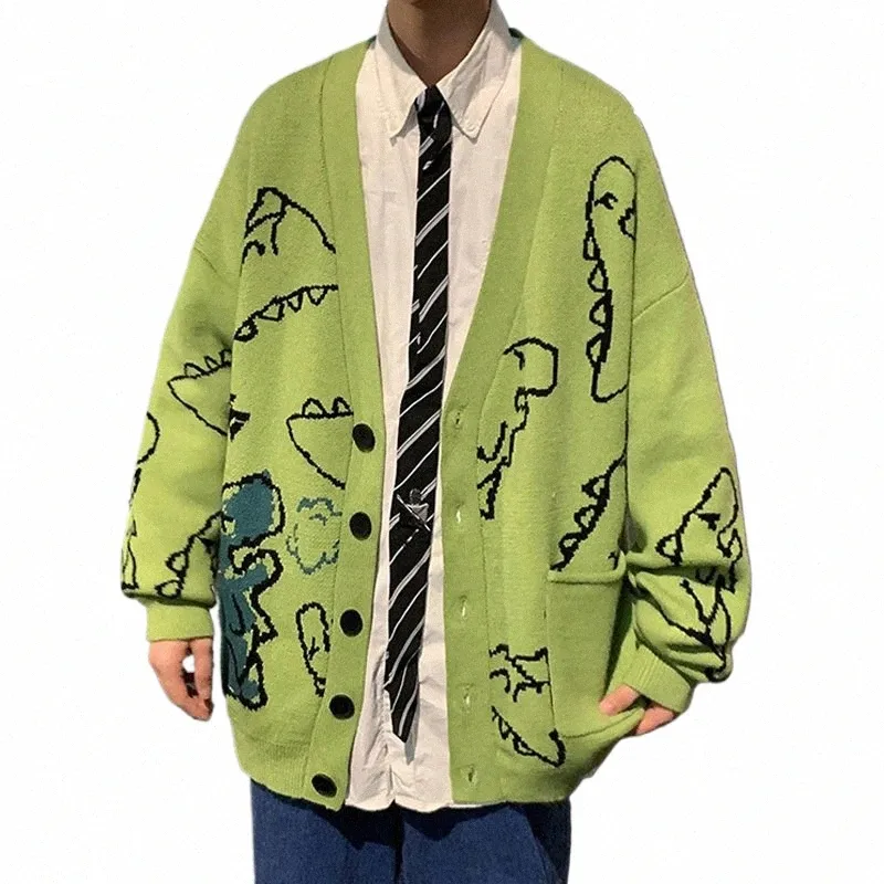 abfer Autumn Oversize Cardigan Men Knitted Dinosaur Sweater Streetwear Loose Male Women Coat 2021 Doodle Hip Hop Pattern Winter m0TL#