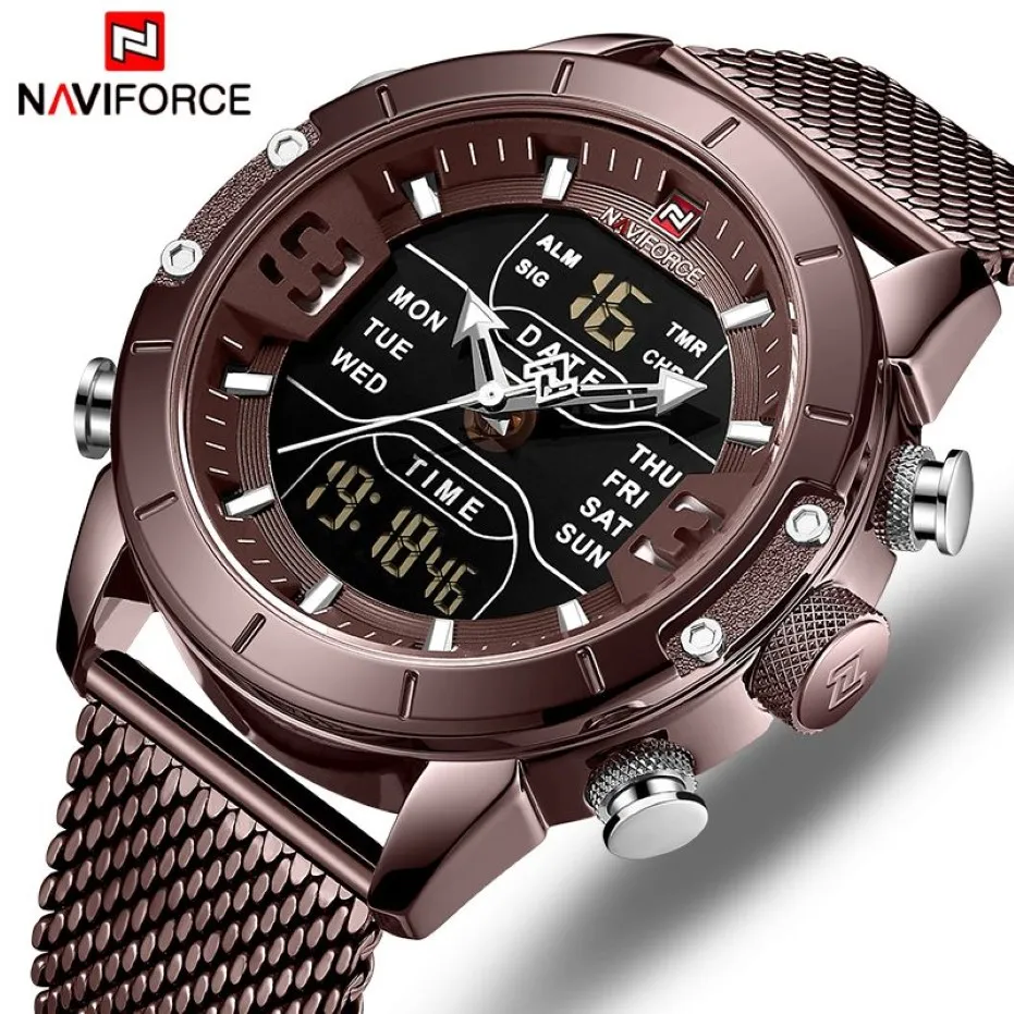 Naviforce Watch Top Luxury Brand Men Military Quartz Wristwatch rostfritt stål Mesh Sportklockor Analog Digital Male Clock284s