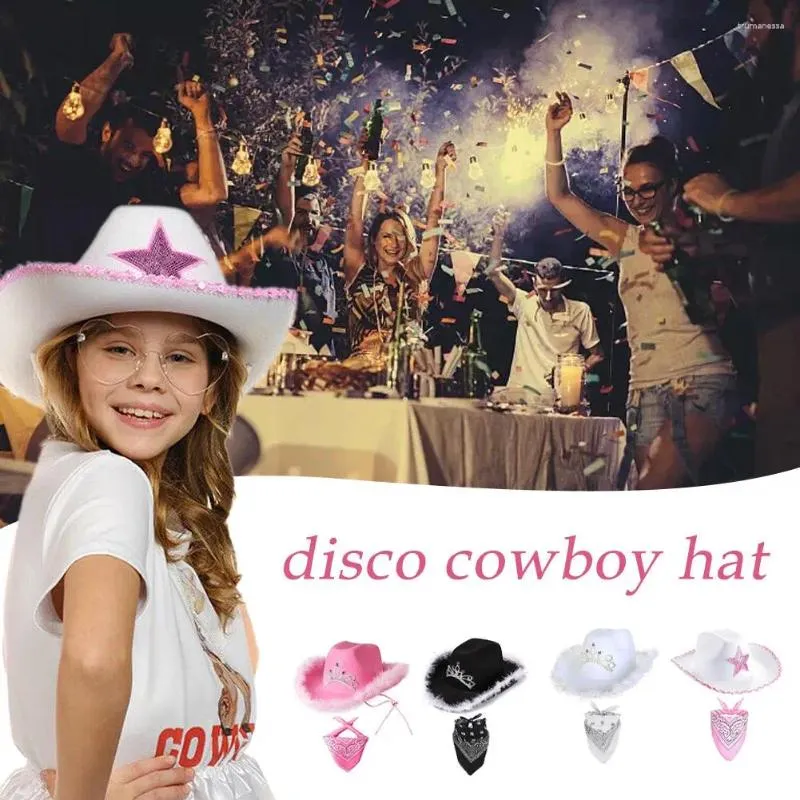 Bérets Chapeau de cowboy rose Western Cowgirl avec bandana plume strass Costume de vacances Panama Fedora Party C1A6