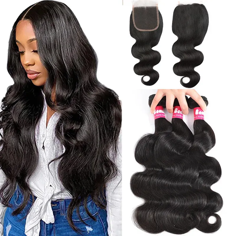 28 30 cali Brazylijskie Brazylijskie Więtarki z zamknięciem 3PCS Fala Body Fave Hair z 4x4 Corpe Contain Unforted Remy Human Hair Weave