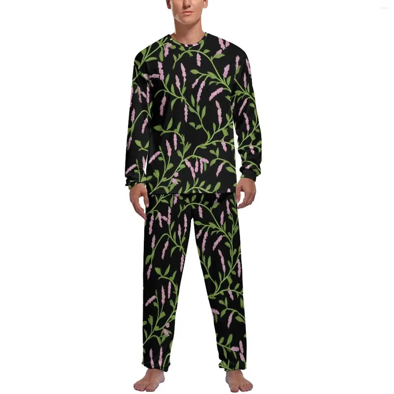 Ropa de dormir para hombre, pijamas con estampado Floral rosa, manga larga, hojas verdes, conjuntos de pijama de noche de 2 piezas, gráfico Kawaii de otoño para hombre