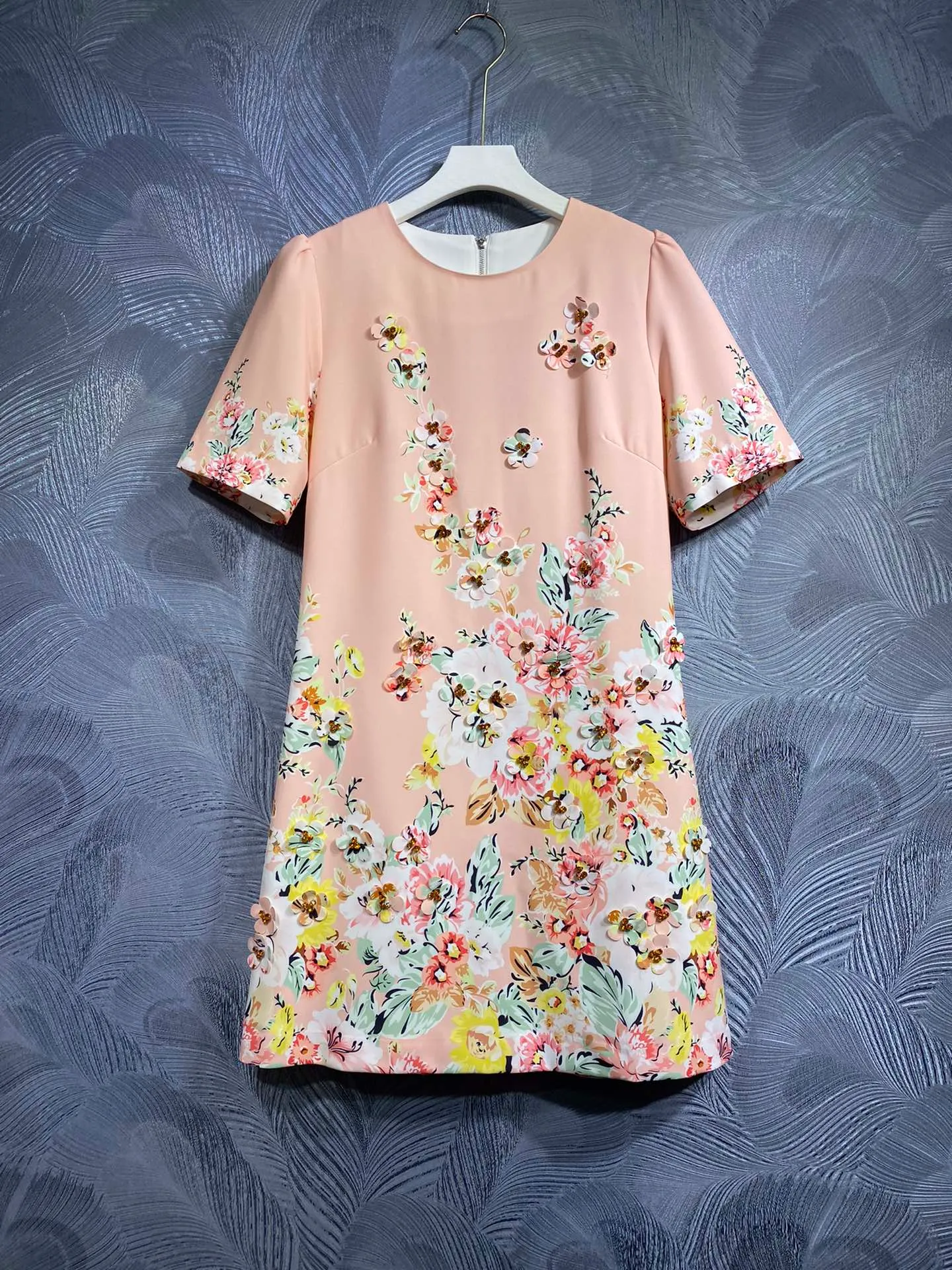 Designer dress early spring new fresh countryside floral beaded short sleeved skirt