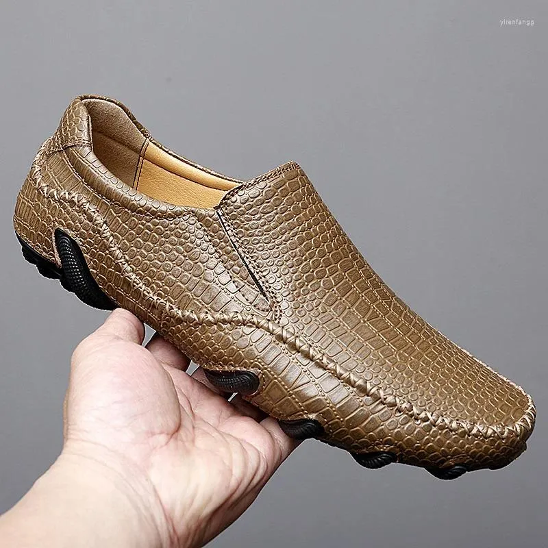 Chaussures décontractées motif Crocodile en cuir véritable pour hommes, mocassins souples de haute qualité, chaussures plates de conduite