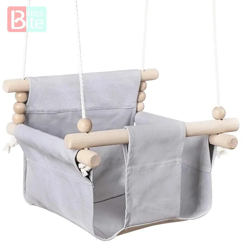 Baby Canvas Swing Chair Hanging Wood Children Kindergarten Toy Outside Indoor Small Basket Beige Swinging Rocking Chair Baby Toy 240318