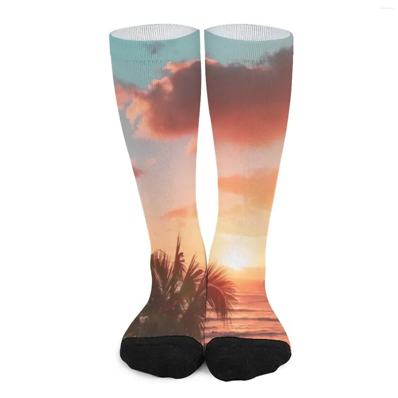 Damessokken Oceaan Zonsondergang Palmboom Print Retro Kousen Paar Medium Zacht Fietsen Herfst Ontwerp Antislip