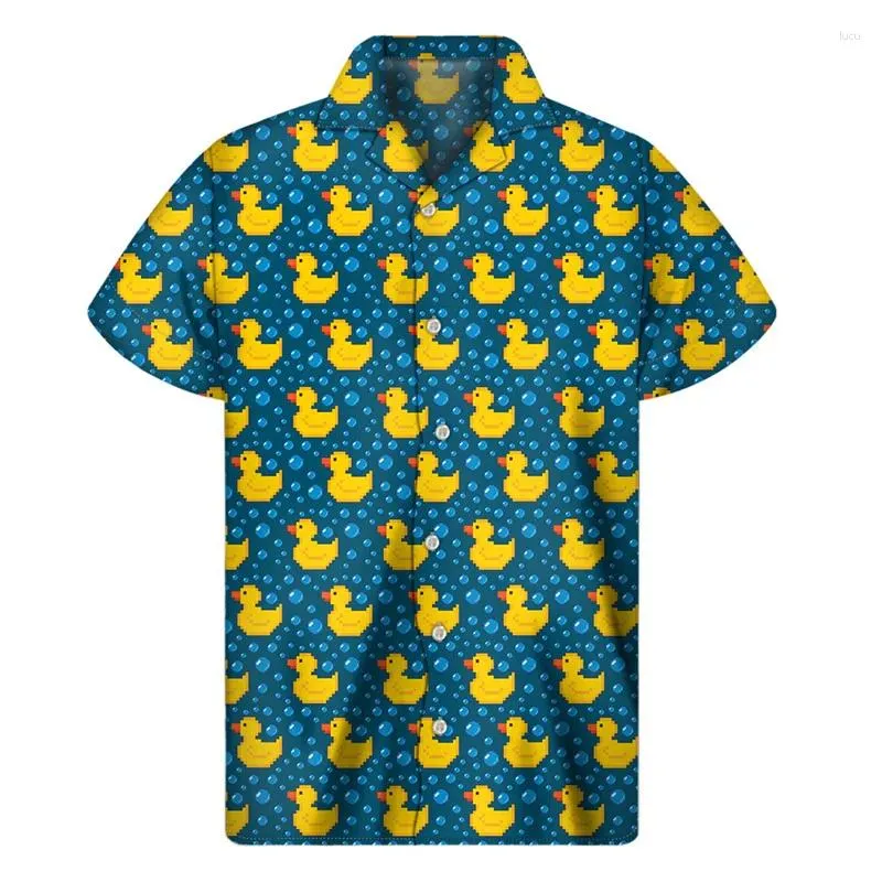 Mäns casual skjortor söta gula gummi anka grafisk skjorta män 3d tryck Hawaiian sommarknapp Kort ärm toppar Loose Lapel Aloha Blue