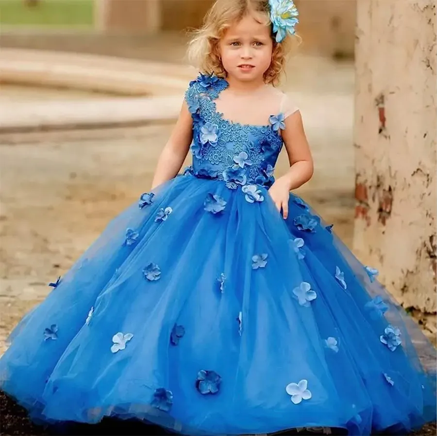 Lace Royal Blue Blume Girl Kleider für Hochzeit 3D Appliked Ballkleid Kleinkind Festzugskleider Tüll bodenlange erste Kommunionkleid S S