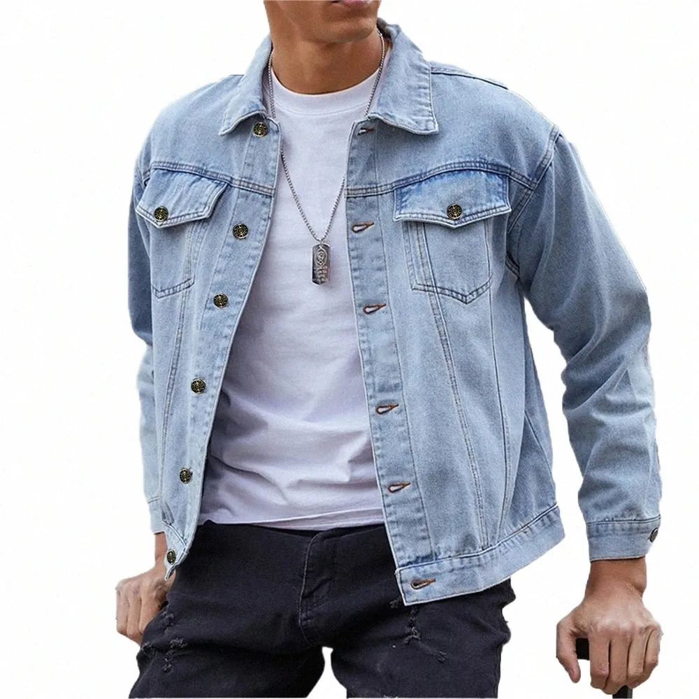 new Cott Denim Jacket Men Casual Solid Color Lapel Single Breasted Jeans Jacket Men Autumn Slim Fit Quality Mens Jackets E3uL#