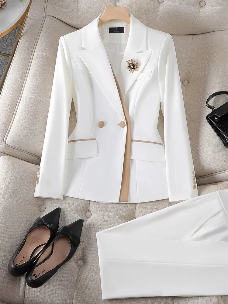 Büro Anzug Sets Für Frauen Kontrast Blazer Hosen Formale Rosa Weiß Hosenanzug Business Casual Outfits conjuntos de 240327