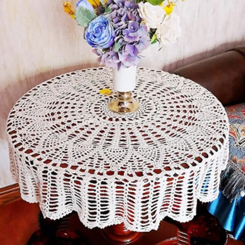 Toalha de mesa de crochê à mão, vintage, branca, redonda, renda, design em relevo, material macio, ideal para quarto, sala de jantar