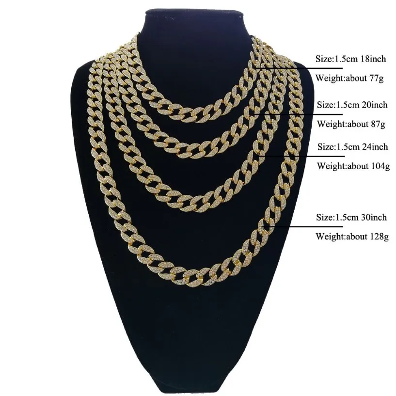 Full Diamond Cuban Necklace 18inch 20inch 24 tum 30 tum bling smycken halsband för män is av Miami Curb Cuban Link Chain232e