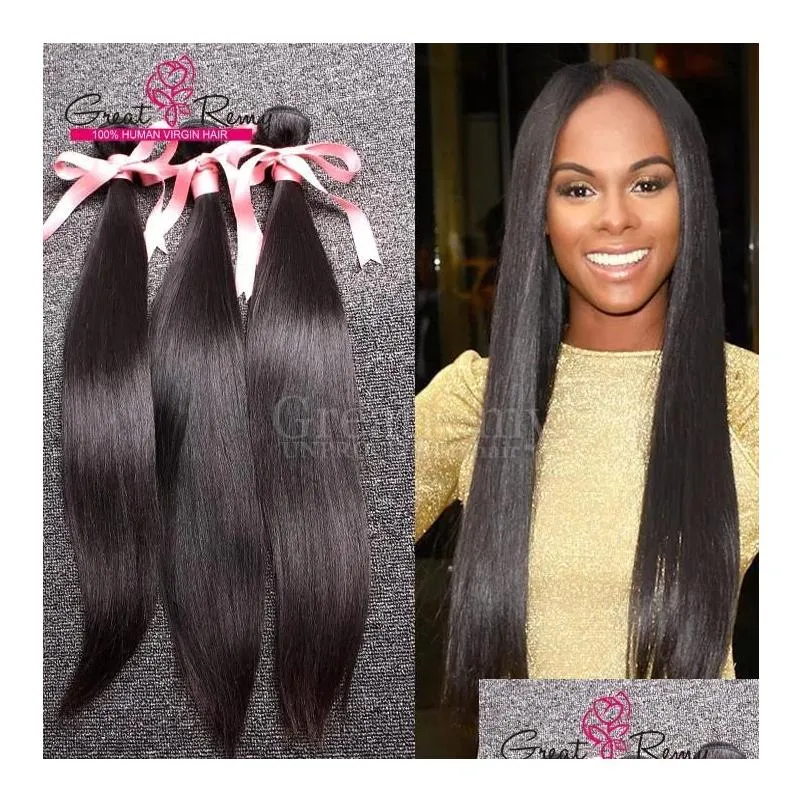 Tramas de cabelo Greatremy 9A Malásia Virgin Weave Weft Natural Cor Branqueável Extensões Humanas Não Processadas Em Linha Reta 3 Pçs / Lote Drop Deliv Otnre