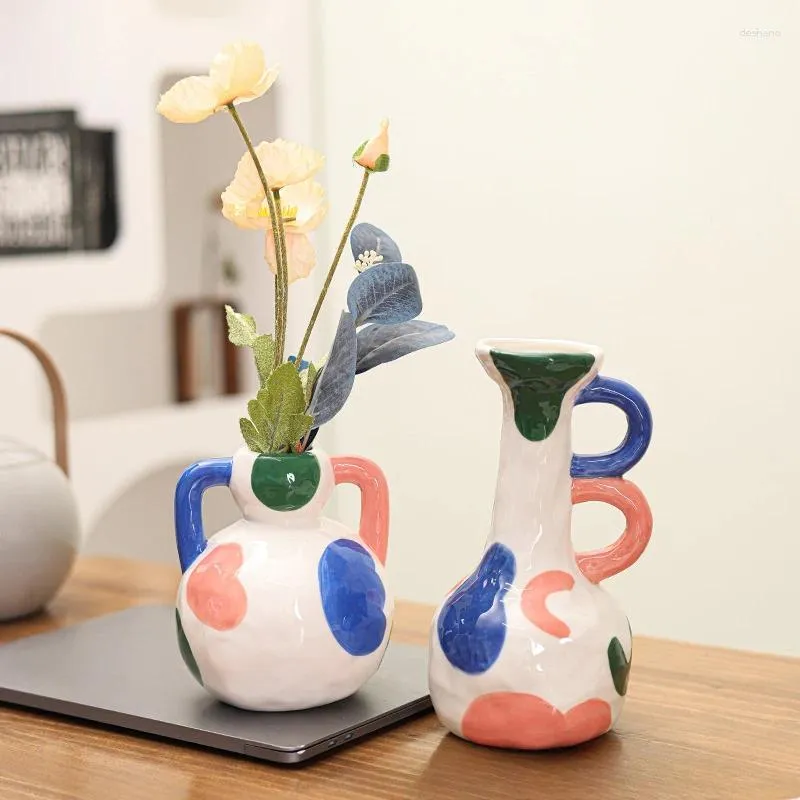 Vasi Vaso in ceramica Decorazione del soggiorno Creativo Color Block dipinto di fiori di nicchia