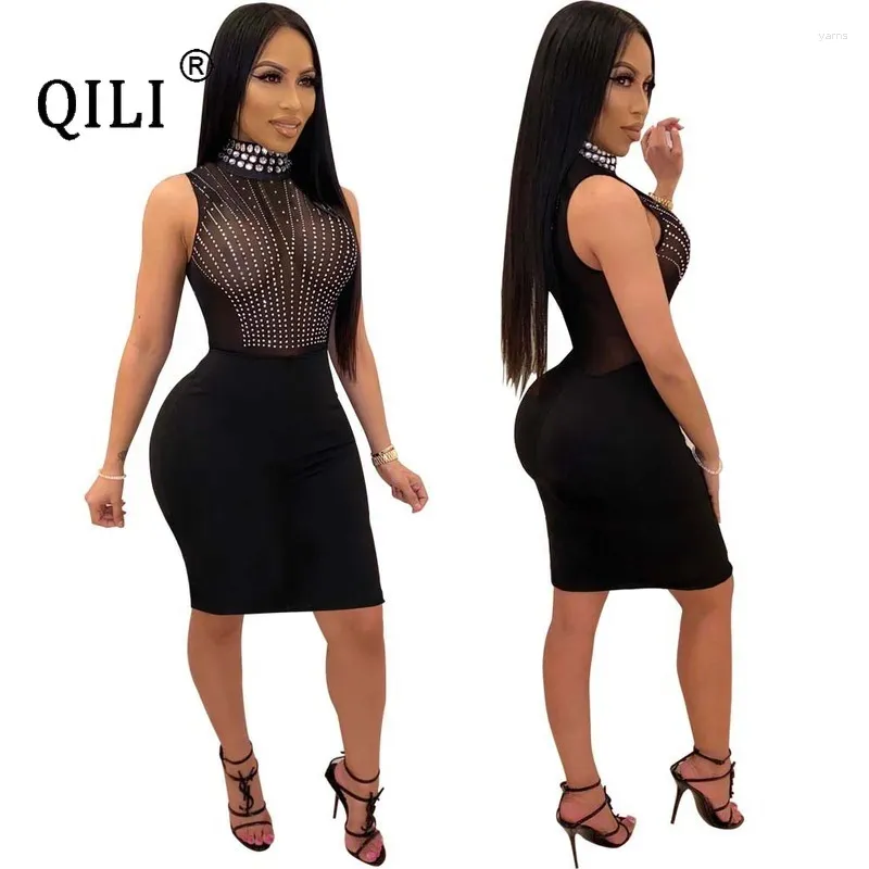 Casual jurken QILI-dames mouwloze doorzichtige zwarte mini-jurk diamanten mesh opstaande hals strass sexy club korte bodycon