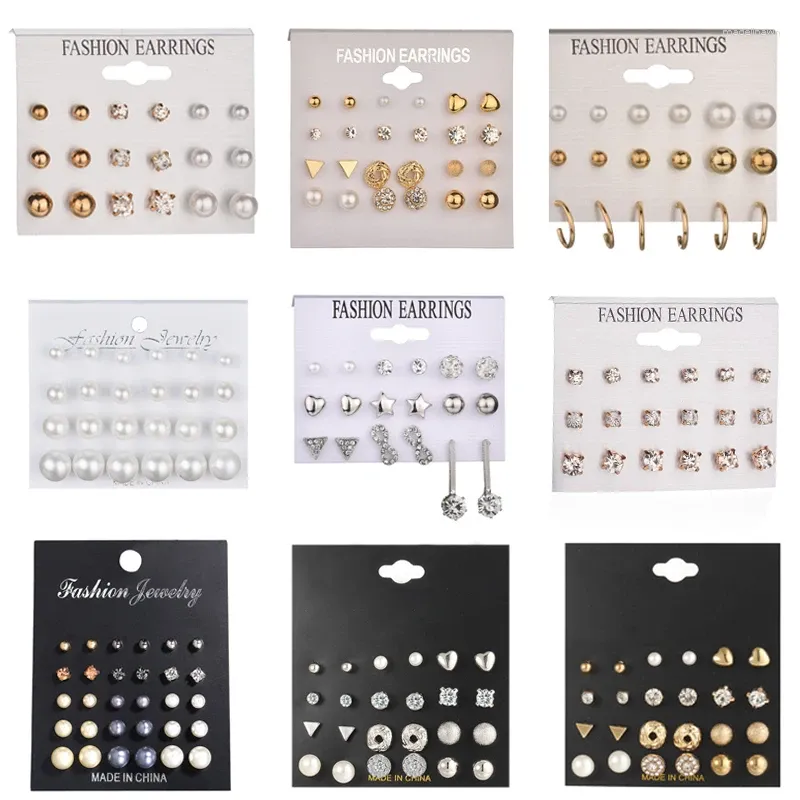 Stud Earrings Fashion 12 Pair/set Geometric Rhinestone Crystal For Women Simulated Pearl Flower Piercing Earring Set Accessories