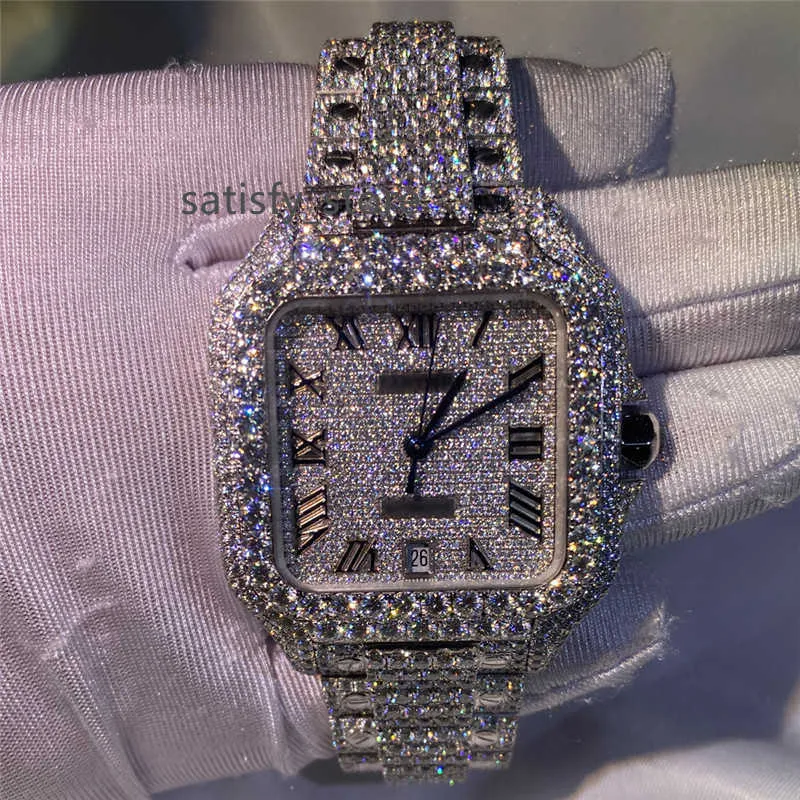 Orologio con diamanti moissanite luminoso con quadrante quadrato di lusso di alta qualità e numeri romani
